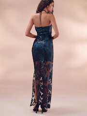 Dark Green Lace Overlay Sequin Bandeau Dress - Image 2 of 5