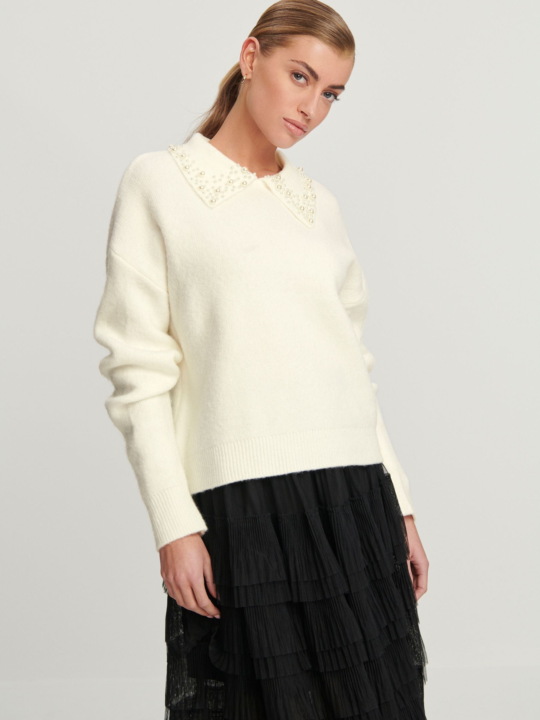 Buy Ecru White Pearl Embellished Collar Jumper from Next