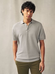 Grey Knitted Bubble Textured Regular Fit Polo Shirt - Image 1 of 6