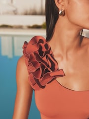 Pink Ruffle One Shoulder Tummy Shaping Control Swimsuit - Image 5 of 6