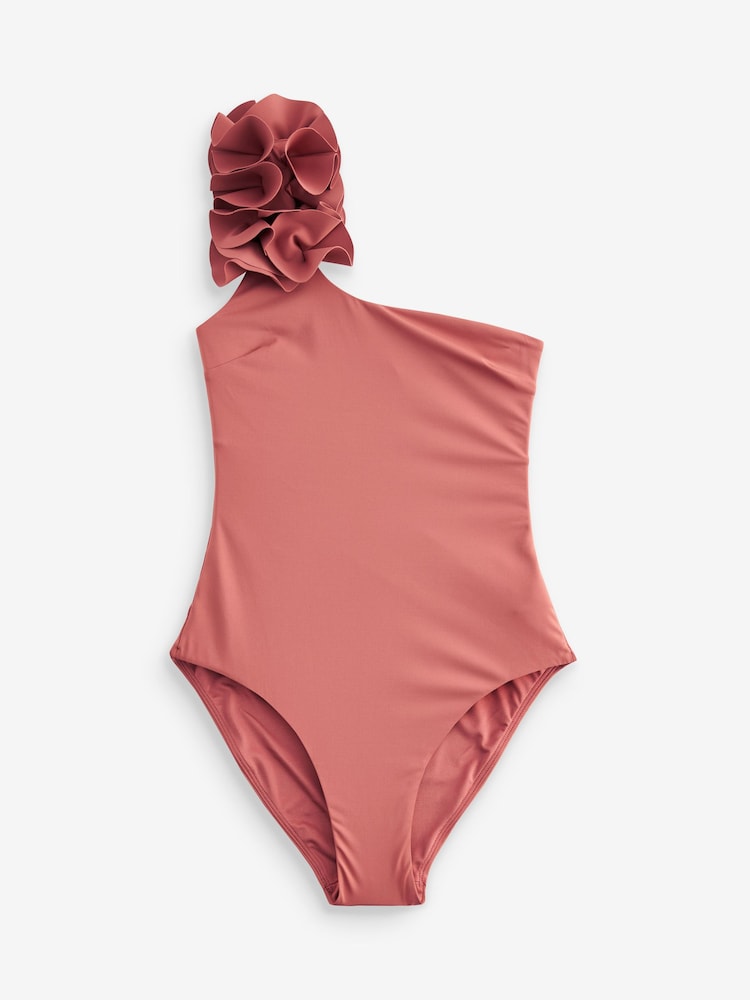Pink Ruffle One Shoulder Tummy Shaping Control Swimsuit - Image 6 of 6