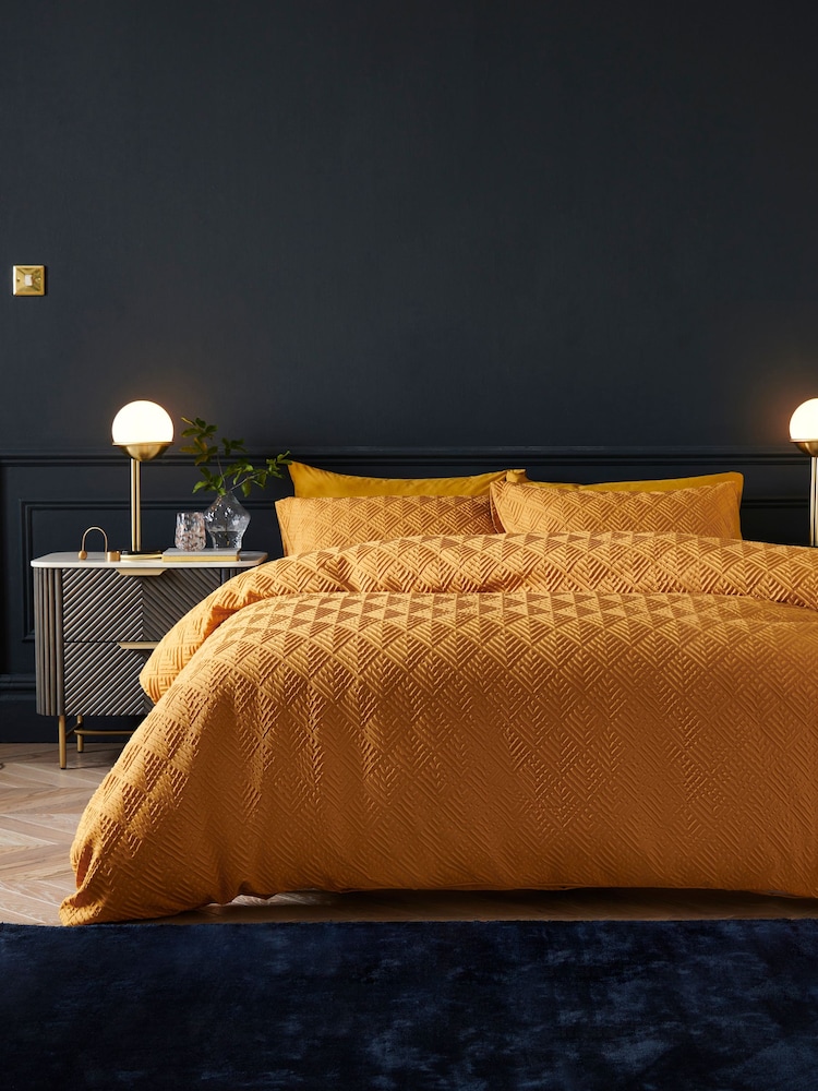 Ochre Yellow Embossed Geometric Duvet Cover And Pillowcase Set - Image 1 of 4