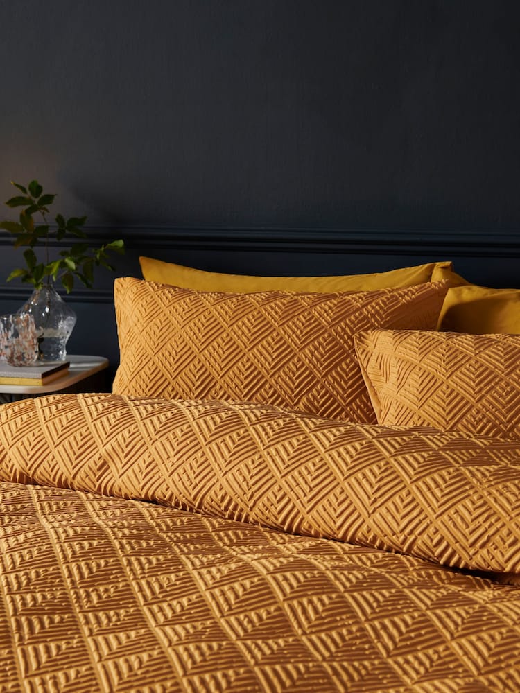 Ochre Yellow Embossed Geometric Duvet Cover And Pillowcase Set - Image 2 of 4