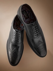 Black Standard Fit Signature Italian Leather Wing Cap Brogues - Image 2 of 6