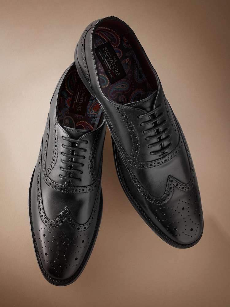 Black Standard Fit Signature Italian Leather Wing Cap Brogues - Image 2 of 6