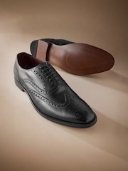 Black Standard Fit Signature Italian Leather Wing Cap Brogues - Image 4 of 6