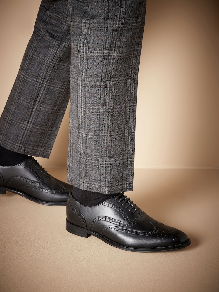 Black Standard Fit Signature Italian Leather Wing Cap Brogues - Image 6 of 6