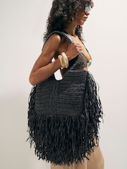 River Island Brown Raffia Fringed Tote Bag - Image 1 of 6