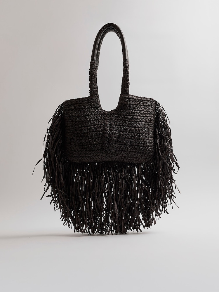 River Island Brown Raffia Fringed Tote Bag - Image 2 of 6