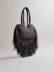 River Island Brown Raffia Fringed Tote Bag - Image 4 of 6