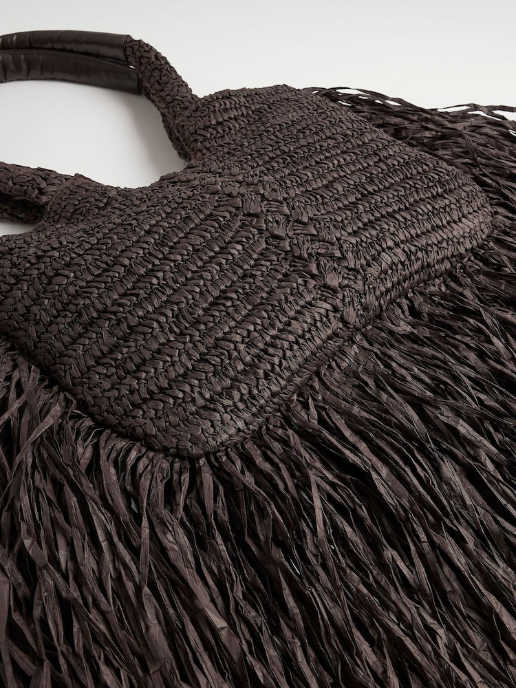 River Island Brown Raffia Fringed Tote Bag - Image 6 of 6