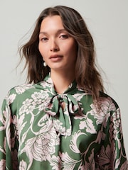 Green/Pink Floral Tie Neck Long Sleeve Blouse - Image 4 of 6