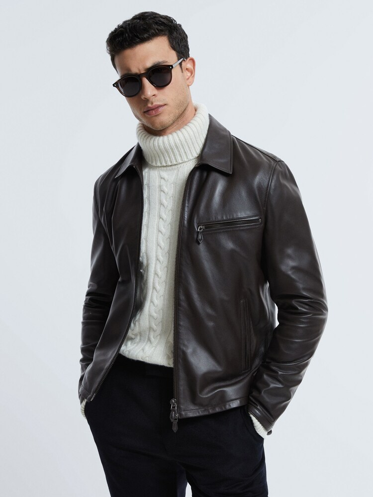 Reiss Chocolate Foster Atelier Leather Zip-Through Jacket - Image 1 of 8