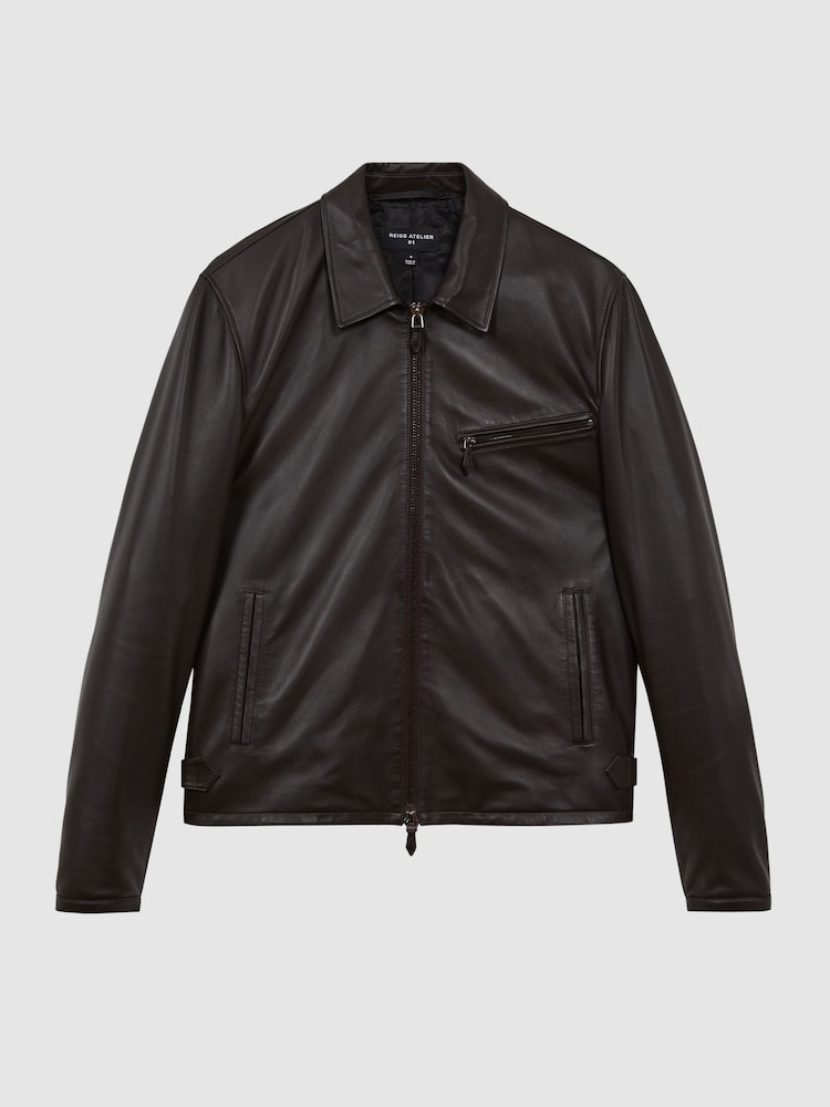 Reiss Chocolate Foster Atelier Leather Zip-Through Jacket - Image 2 of 8