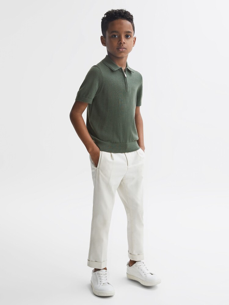 Reiss Ivy Green Maxwell Senior Merino Zip Neck Polo T-Shirt - Image 1 of 6