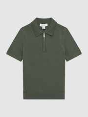 Reiss Ivy Green Maxwell Senior Merino Zip Neck Polo T-Shirt - Image 2 of 6