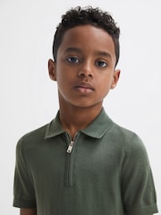 Reiss Ivy Green Maxwell Senior Merino Zip Neck Polo T-Shirt - Image 4 of 6