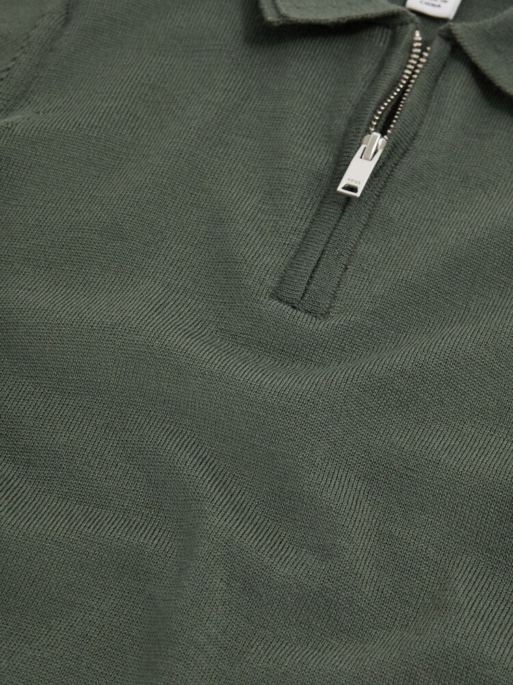 Reiss Ivy Green Maxwell Senior Merino Zip Neck Polo T-Shirt - Image 6 of 6