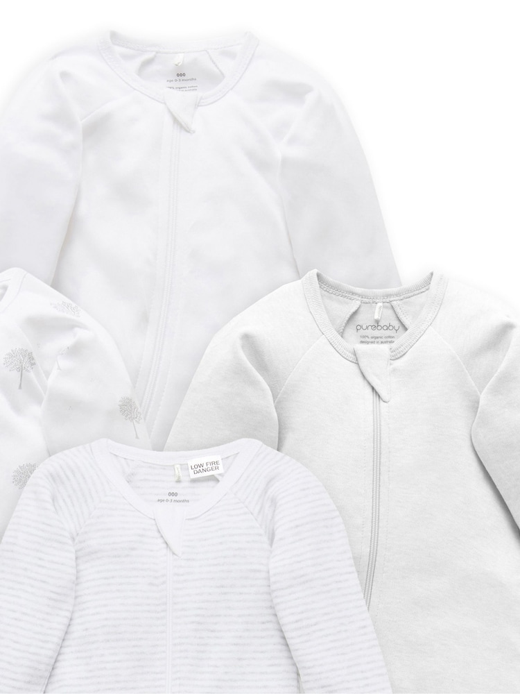 Purebaby Grey Zip 100% Cotton Sleepsuits 4 Pack - Image 3 of 3