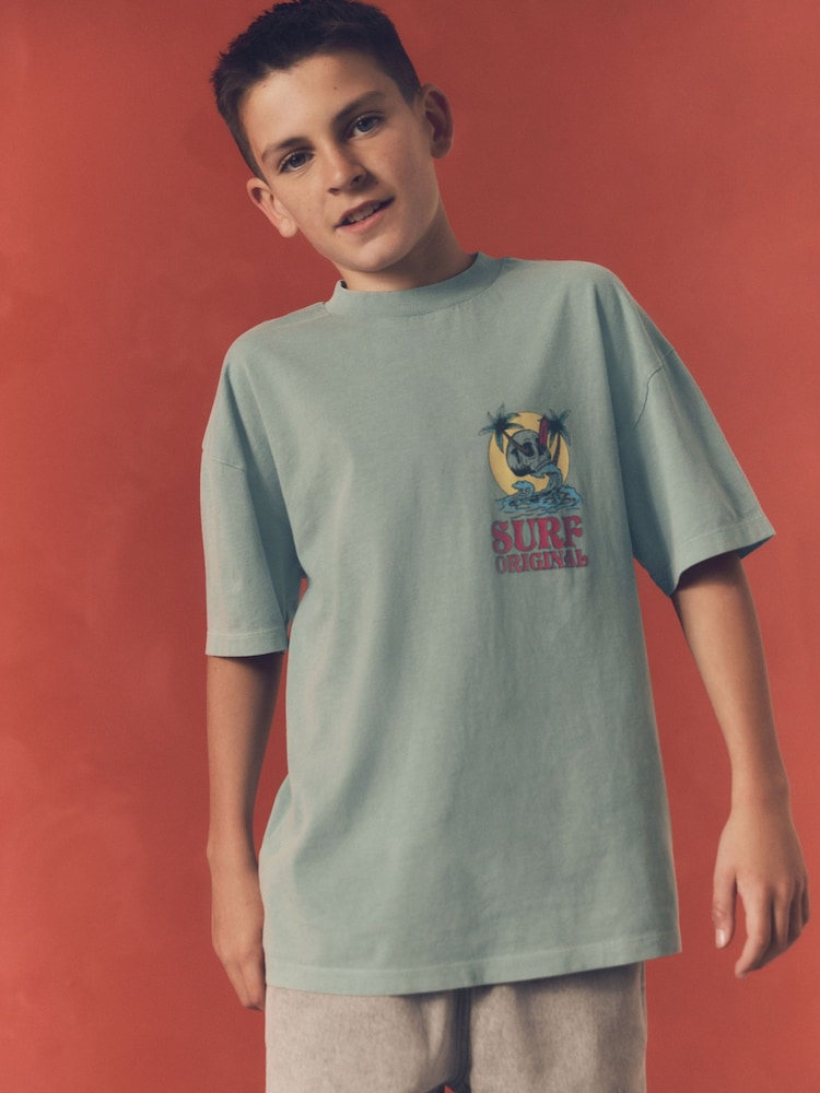 Blue Skull Back Print Relaxed Fit 100% Cotton Washed Short Sleeve T-Shirt (3-16yrs) - Image 1 of 7