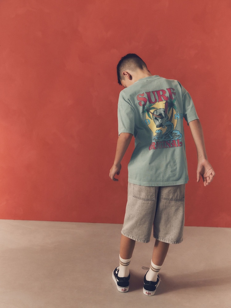 Blue Skull Back Print Relaxed Fit 100% Cotton Washed Short Sleeve T-Shirt (3-16yrs) - Image 2 of 7