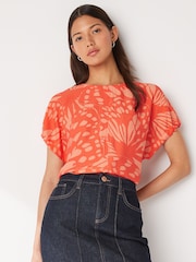 Orange Butterfly Print Gathered Short Sleeve Textured Boxy T-Shirt - Image 1 of 5