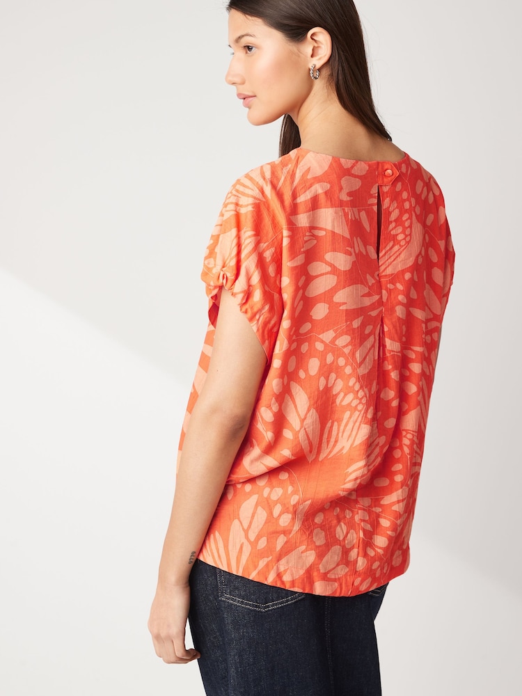 Orange Butterfly Print Gathered Short Sleeve Textured Boxy T-Shirt - Image 2 of 5
