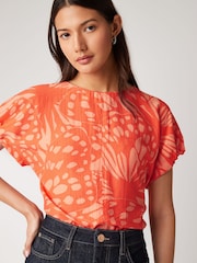 Orange Butterfly Print Gathered Short Sleeve Textured Boxy T-Shirt - Image 3 of 5