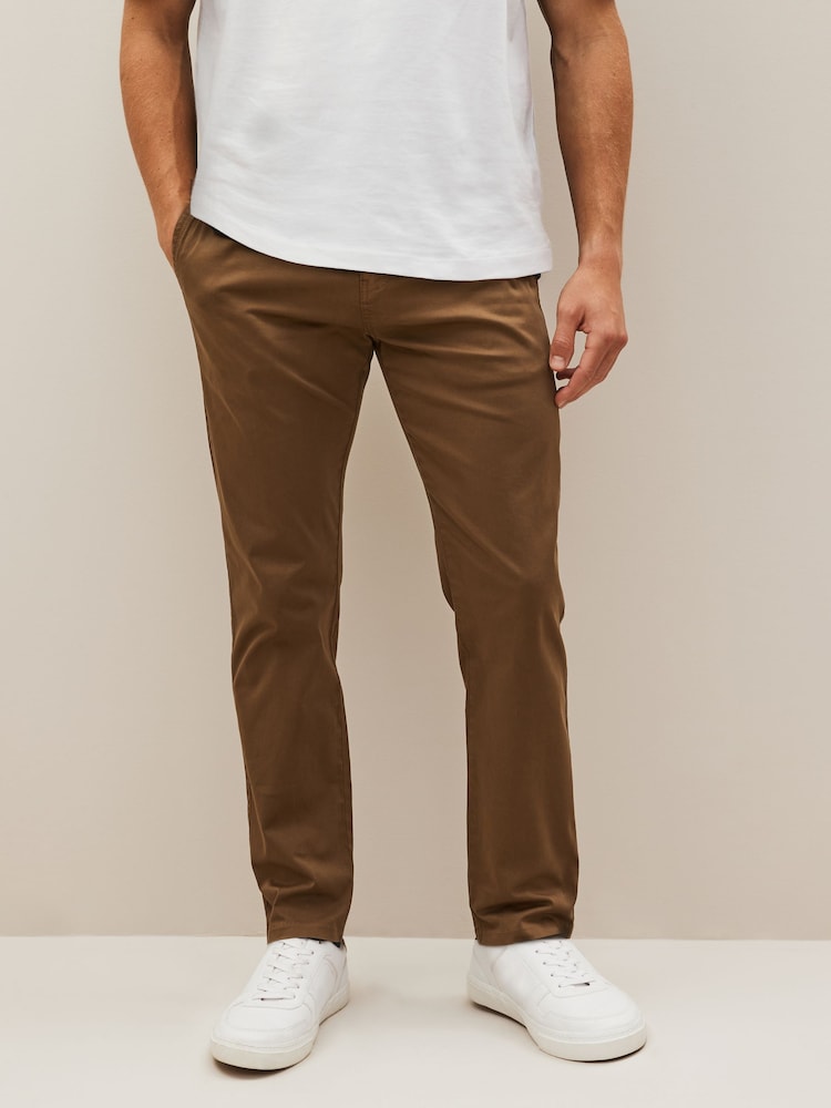 Tan Brown Slim Fit Premium Laundered Stretch Chinos Trousers - Image 1 of 7