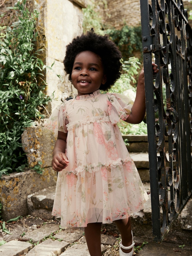 Cream Floral Tiered Mesh Dress (3mths-7yrs) - Image 1 of 7