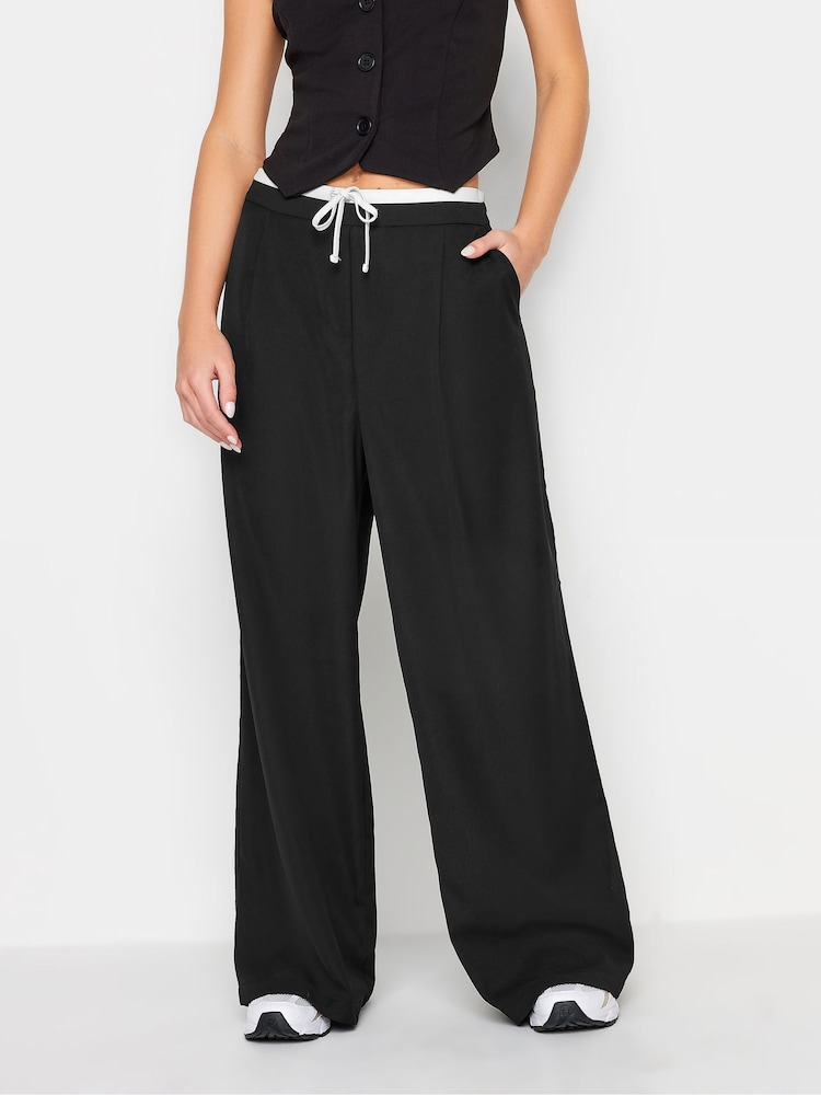 PixieGirl Petite Black Contrast Waist Wide Leg Trousers - Image 1 of 4