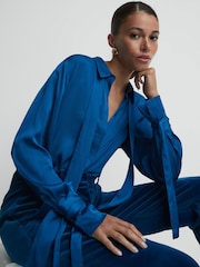 Reiss Dark Blue Gabrielle Hammered Satin Removable Tie Detail Blouse - Image 1 of 7