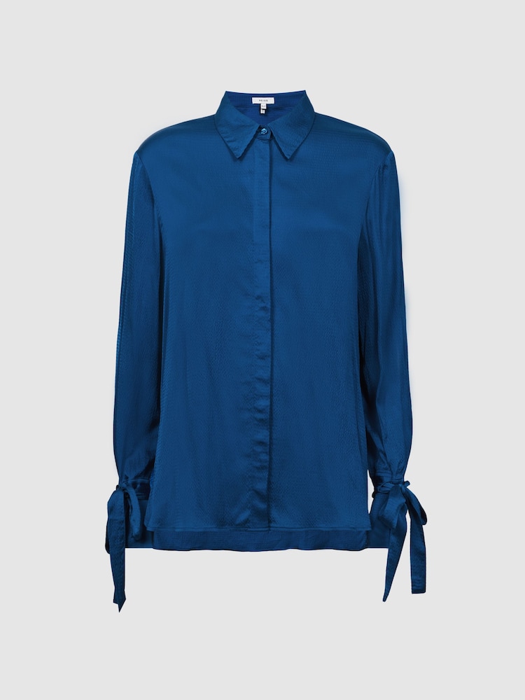 Reiss Dark Blue Gabrielle Hammered Satin Removable Tie Detail Blouse - Image 2 of 7