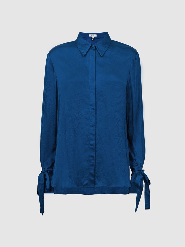 Reiss Dark Blue Gabrielle Hammered Satin Removable Tie Detail Blouse - Image 2 of 7 Reiss Dark Blue Gabrielle Hammered Satin Removable Tie Detail Blouse - Image 2 of 7