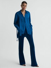 Reiss Dark Blue Gabrielle Hammered Satin Removable Tie Detail Blouse - Image 6 of 7