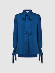 Reiss Dark Blue Gabrielle Hammered Satin Removable Tie Detail Blouse - Image 7 of 7