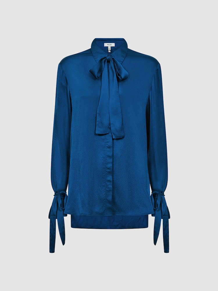 Reiss Dark Blue Gabrielle Hammered Satin Removable Tie Detail Blouse - Image 7 of 7
