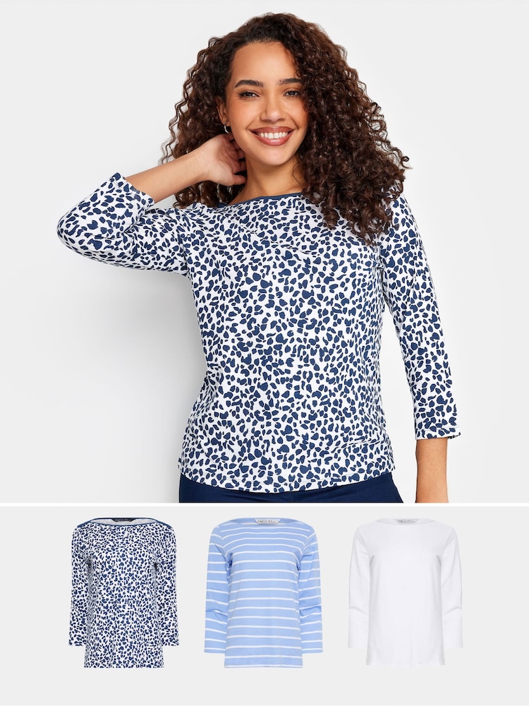M&Co Blue 100% Cotton Long Sleeve Slash Neck Top 3 Pack - Image 1 of 4
