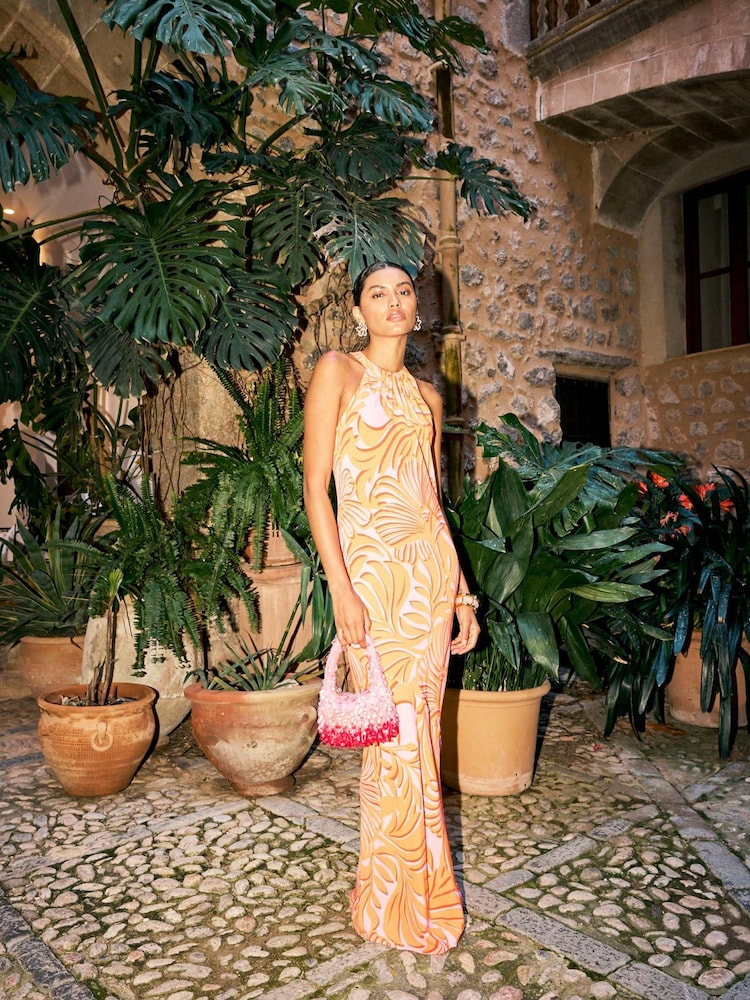 River Island Orange Sleeveless Palm Print Halterneck Maxi Dress - Image 1 of 4