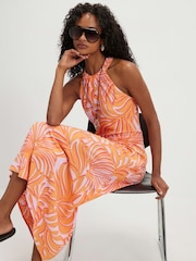River Island Orange Sleeveless Palm Print Halterneck Maxi Dress - Image 2 of 4