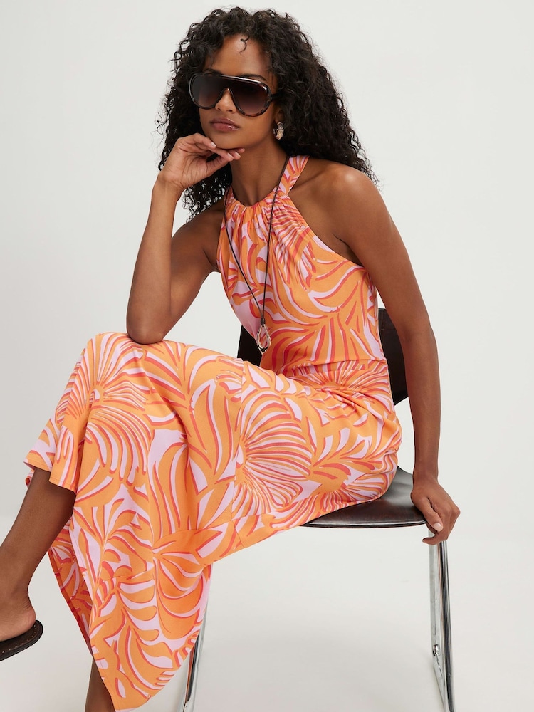 River Island Orange Sleeveless Palm Print Halterneck Maxi Dress - Image 2 of 4