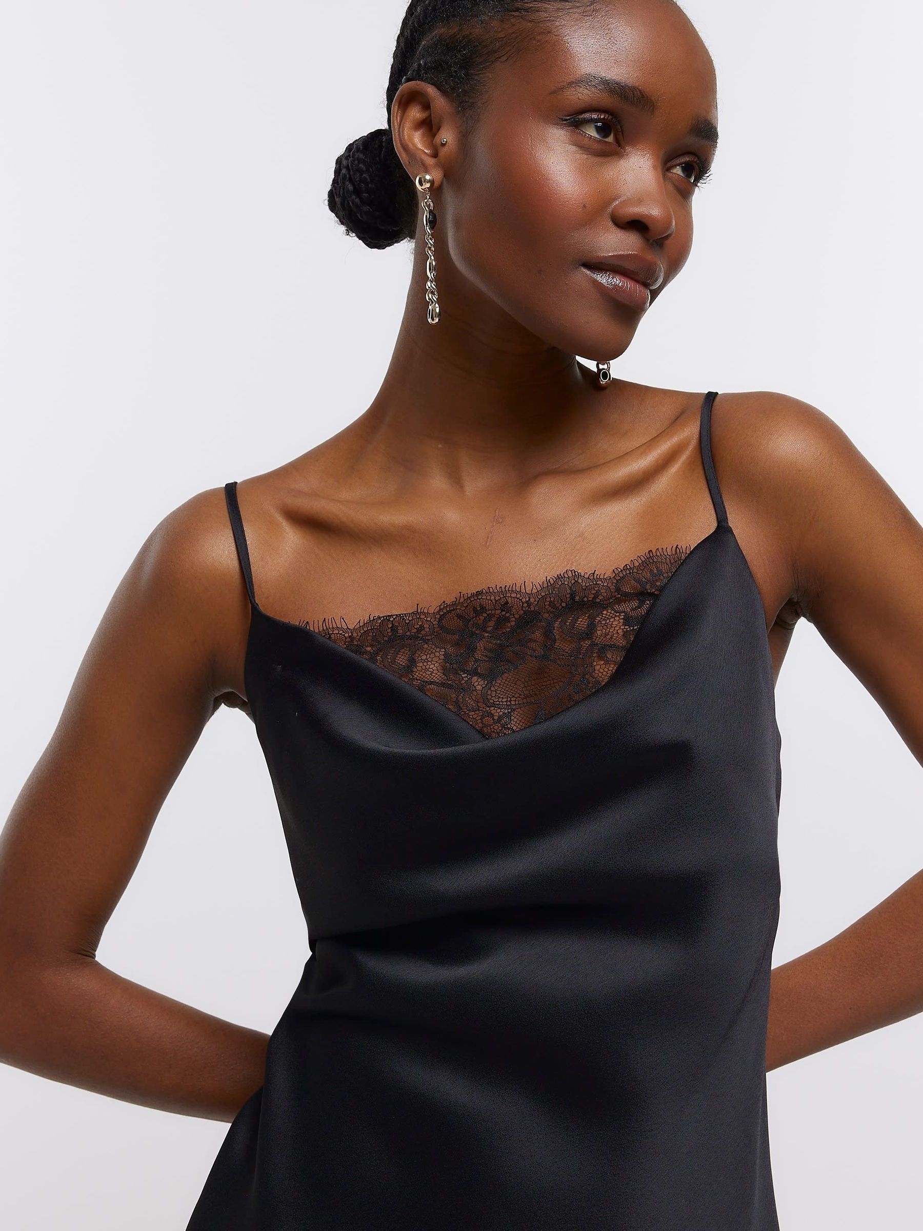 Buy River Island Dark Black Lace Cowl Neck Slip Dress from Next Luxembourg