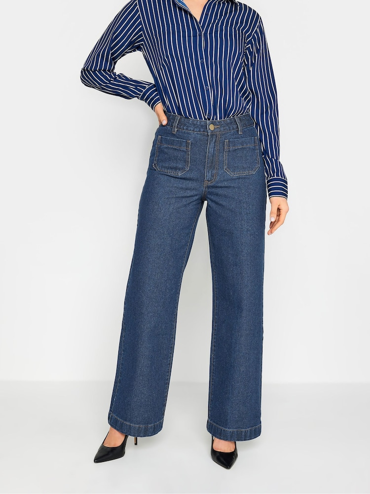 Long Tall Sally Indigo Blue Pocket Detail Wide Leg 100% Cotton Jeans - Image 1 of 4