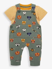 JoJo Maman Bébé Khaki 2-Piece Safari Heads Print Baby Dungarees Set - Image 1 of 3