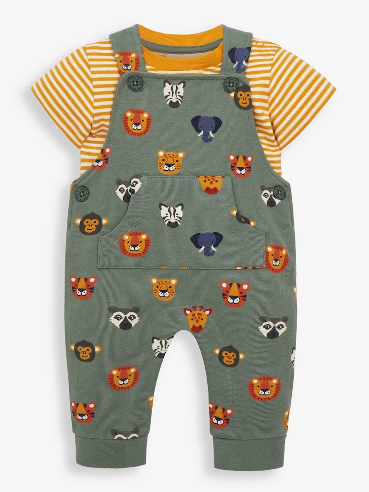 JoJo Maman Bébé Khaki 2-Piece Safari Heads Print Baby Dungarees Set - Image 1 of 3