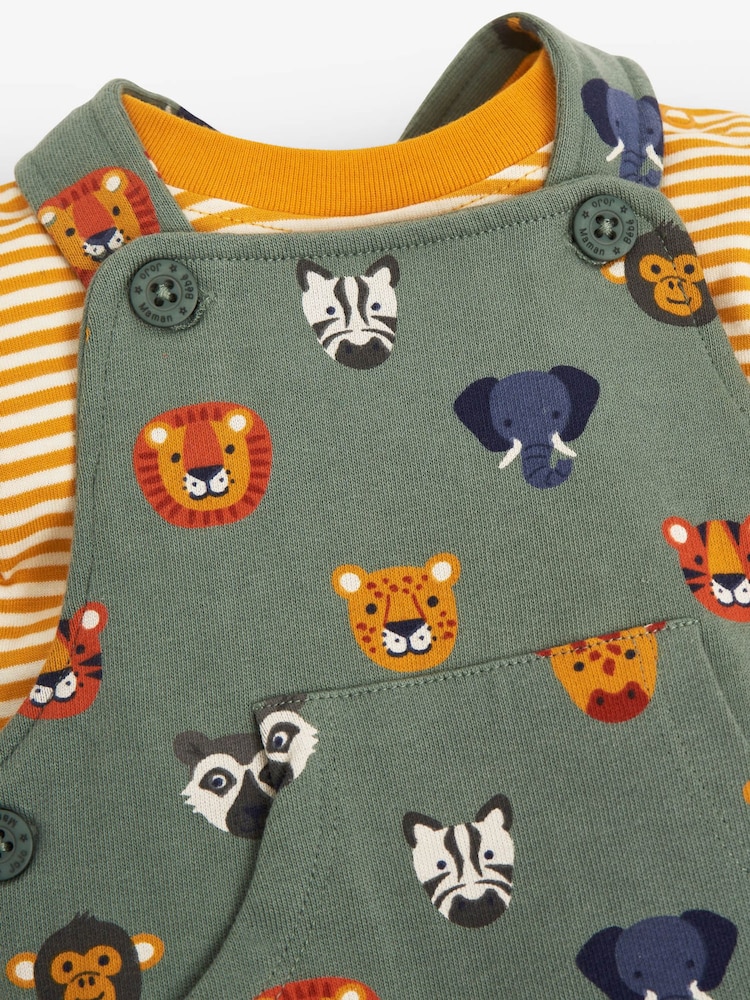 JoJo Maman Bébé Khaki 2-Piece Safari Heads Print Baby Dungarees Set - Image 3 of 3