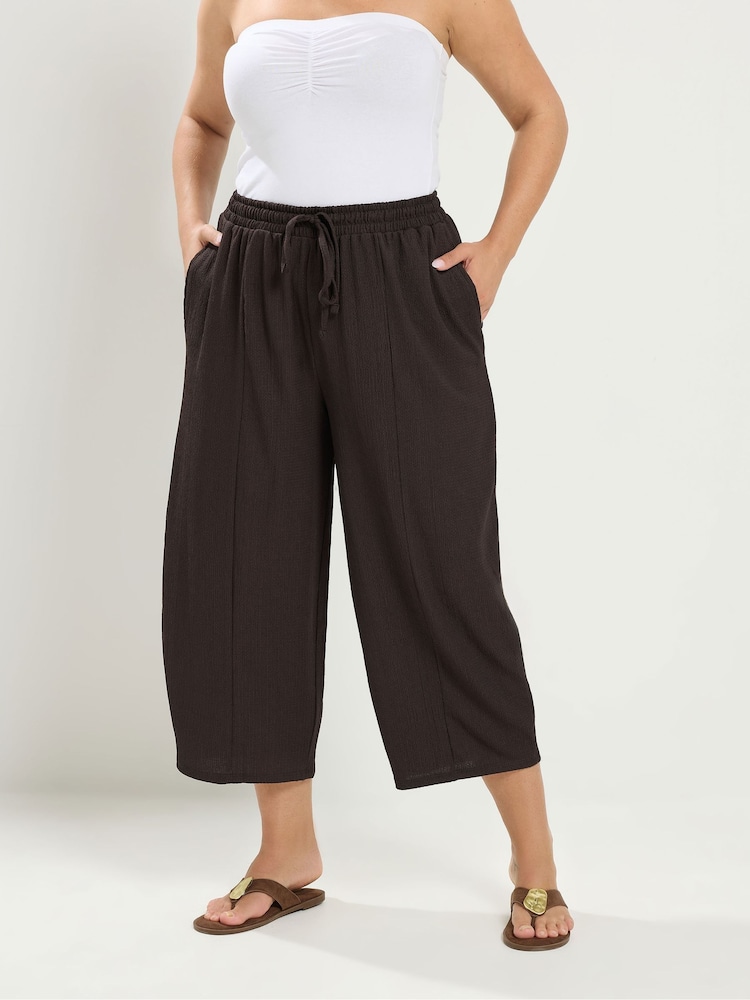 Yours Curve Brown Crinkle Barrel Leg Trousers - Image 1 of 6