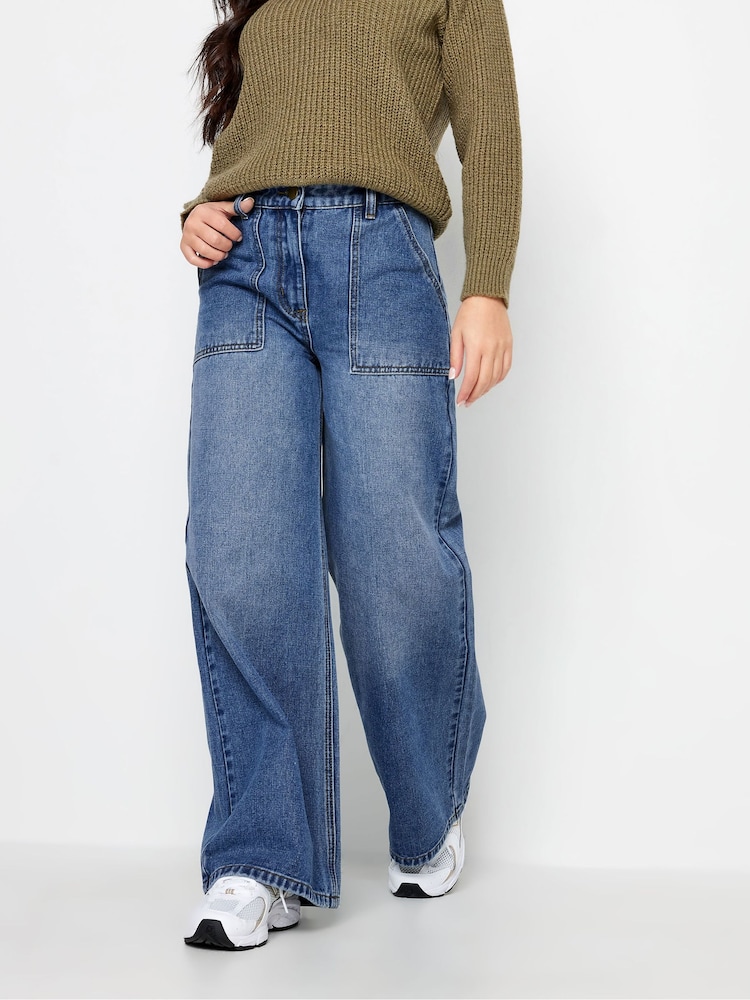 PixieGirl Petite Blue 100% Cotton Patch Pocket Wide Leg Jeans - Image 1 of 3