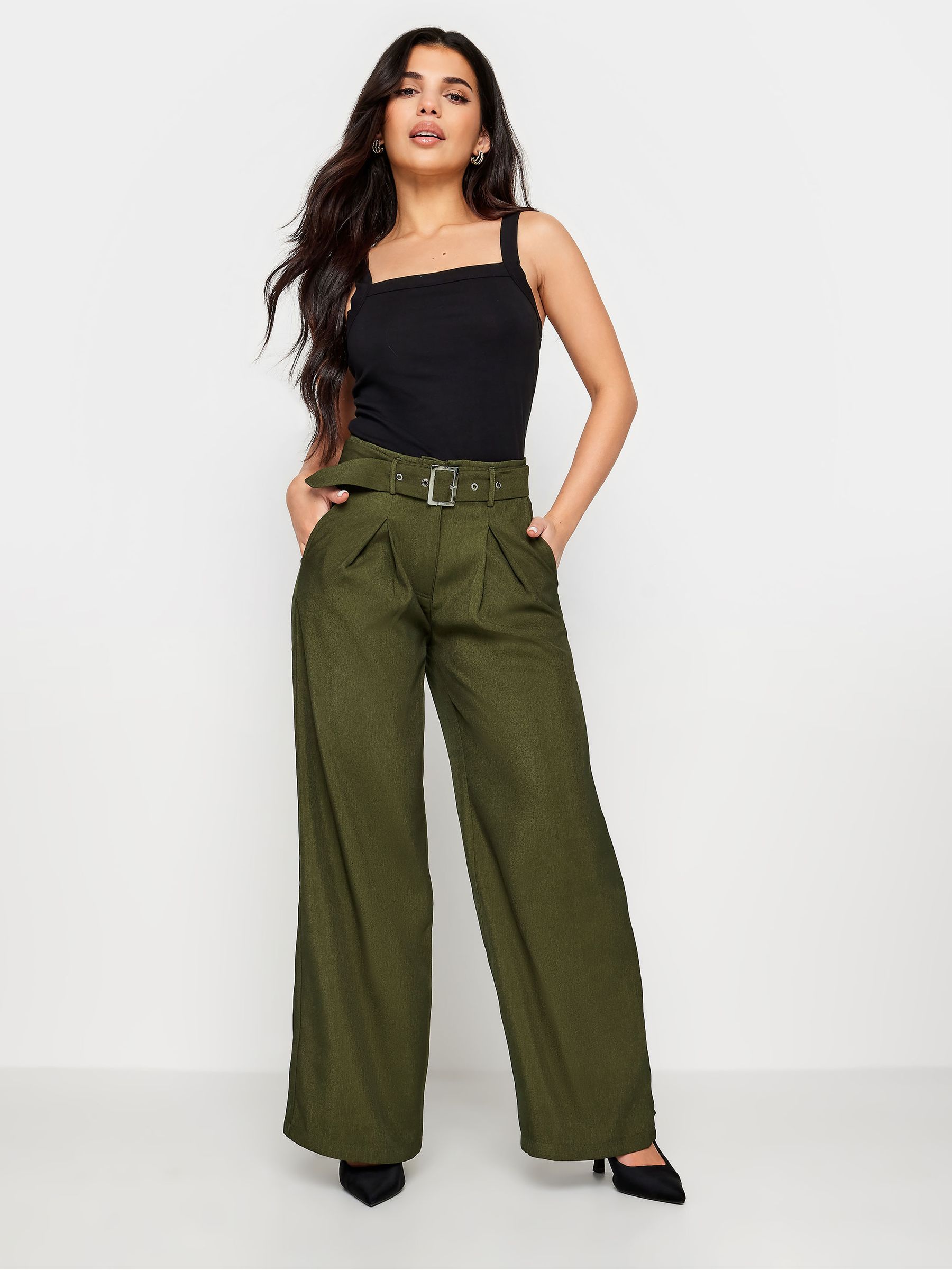 Buy PixieGirl Petite Olive Green Wide Leg Belted Trousers from the