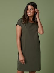 Khaki Green 100% Cotton Relaxed Capped Sleeve Tunic Dress - Image 1 of 5